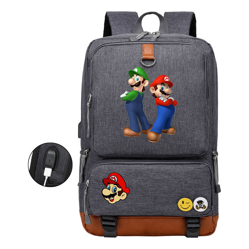Super Mario Printed Usb Youth Student Backpack For Leisure Travel Backpack