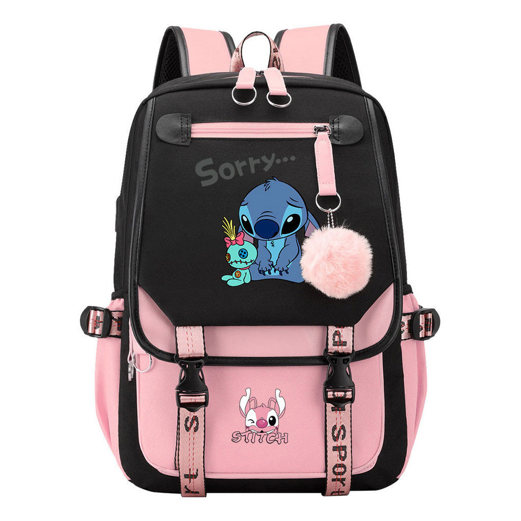 Interstellar Baby Stitch Usb Backpack For Men And Women, Casual Woven Strap Flip Back Backpack