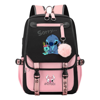 Interstellar Baby Stitch Usb Backpack For Men And Women, Casual Woven Strap Flip Back Backpack