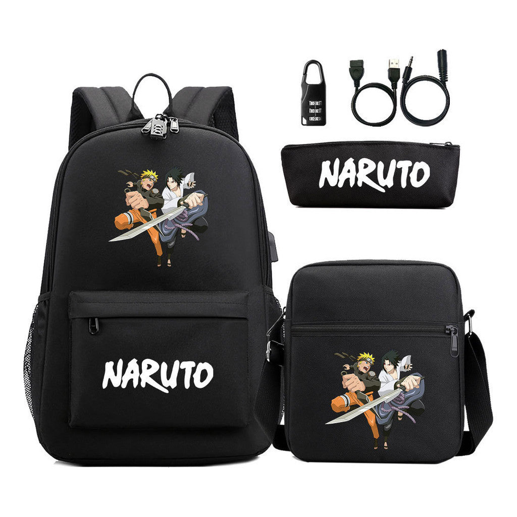 Naruto Usb Password Lock Youth Student Backpack Three Piece Set For Men And Women Backpack Set