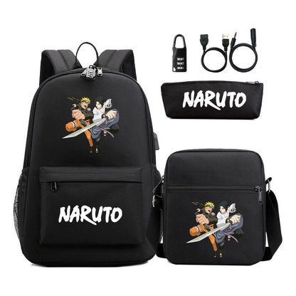 Naruto Usb Password Lock Youth Student Backpack Three Piece Set For Men And Women Backpack Set