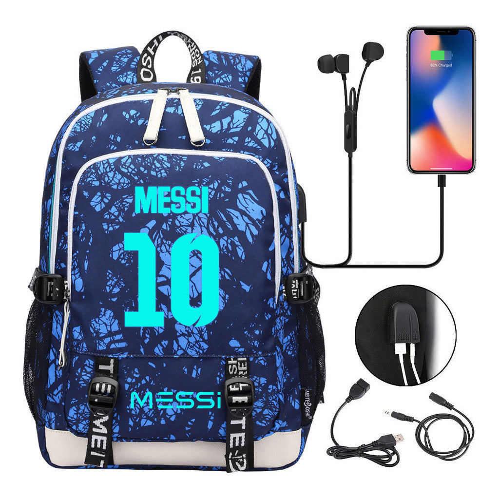 Blue Luminous Sports Football Star Teenagers Schoolbag Usb Leisure Backpack Men And Women