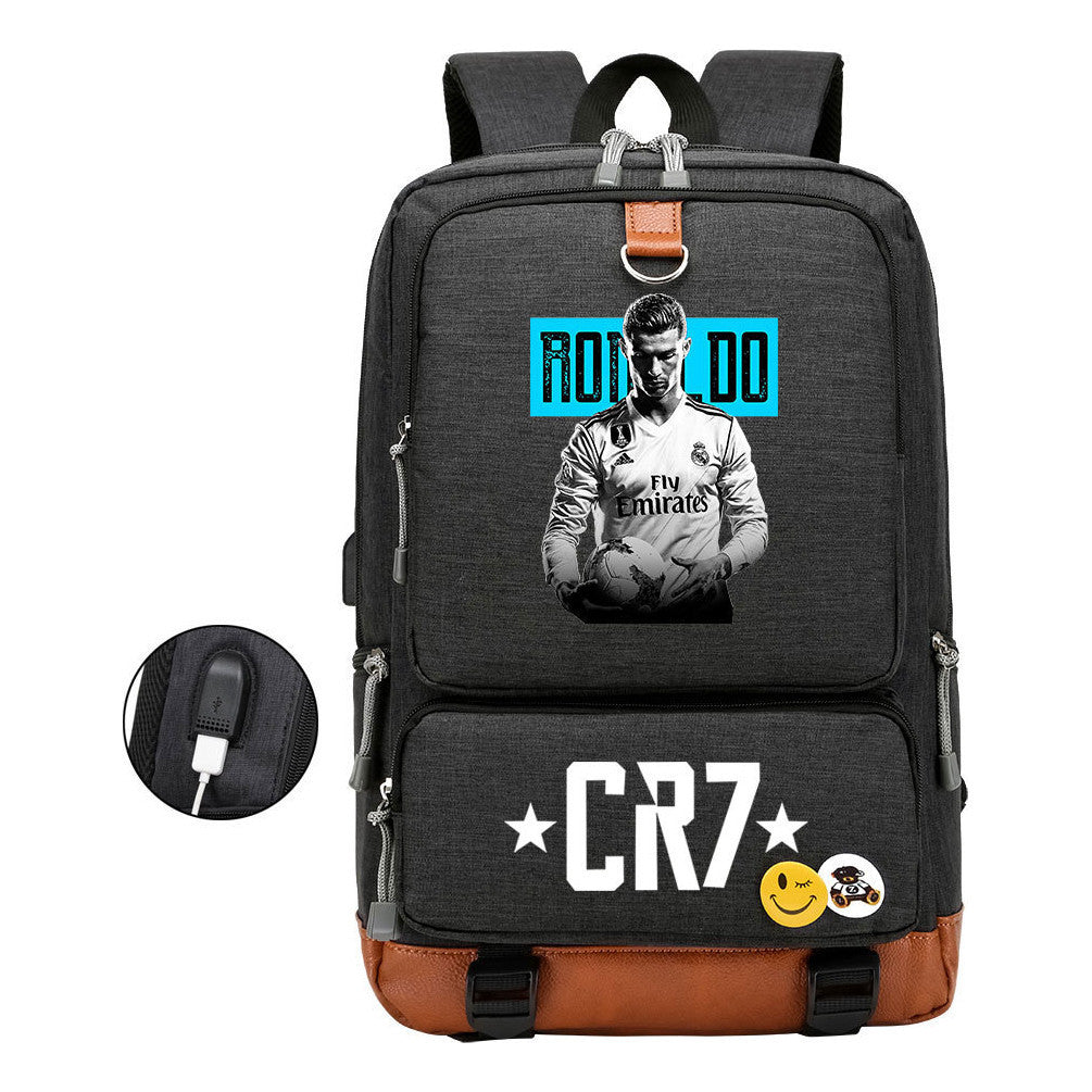 Football Star Cristiano Ronaldo Printed Usb Youth Primary And Secondary School Backpack For Boys And Girls Leisure Travel Backpack