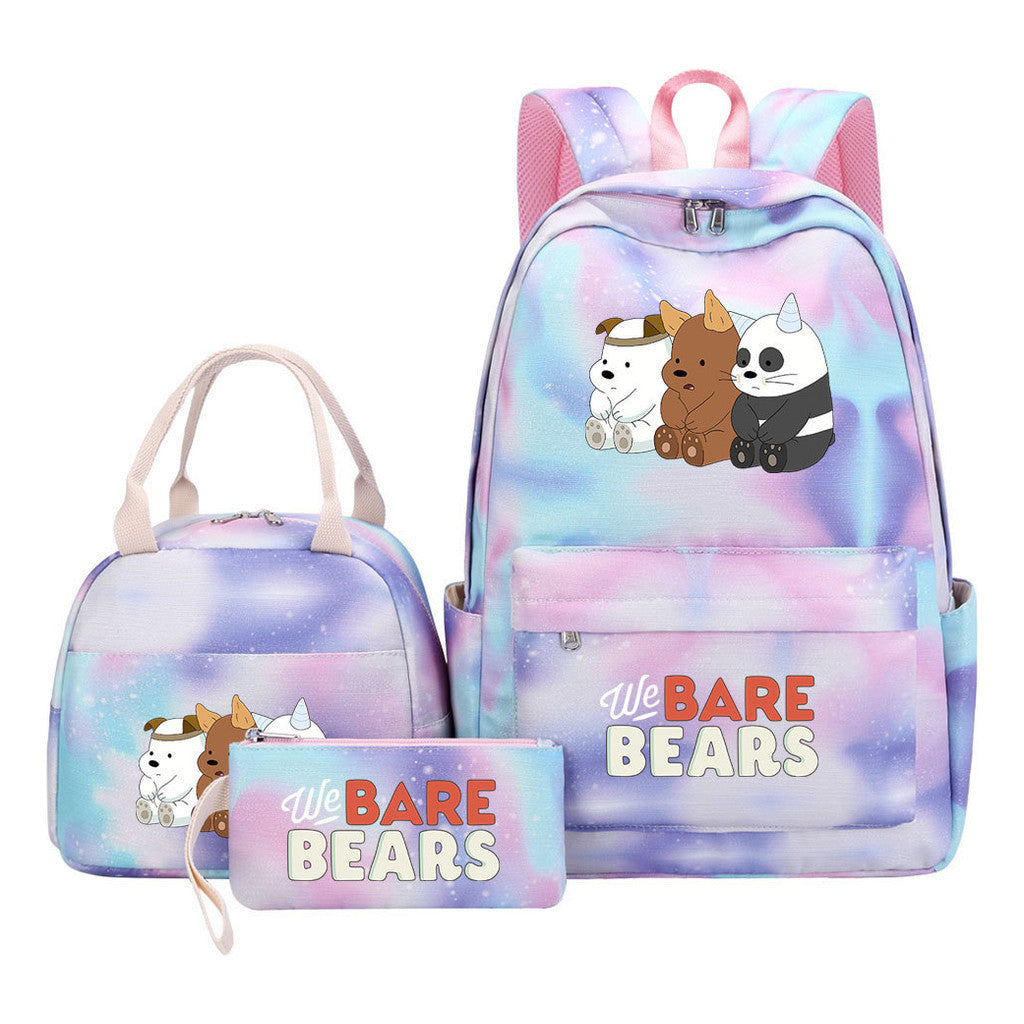 Cartoon Cute Three Bears Youth Student Girls School Bag Lunch Bag Three Piece Set Backpack Set