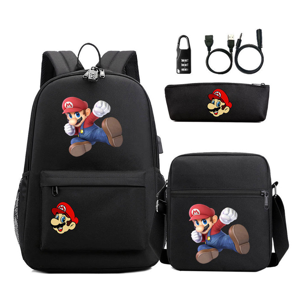 Super Mario Usb Password Lock Youth Student Backpack 3-piece Set For Men And Women Backpacks