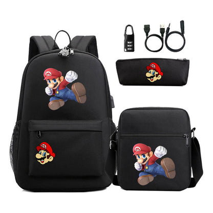 Super Mario Usb Password Lock Youth Student Backpack 3-piece Set For Men And Women Backpacks