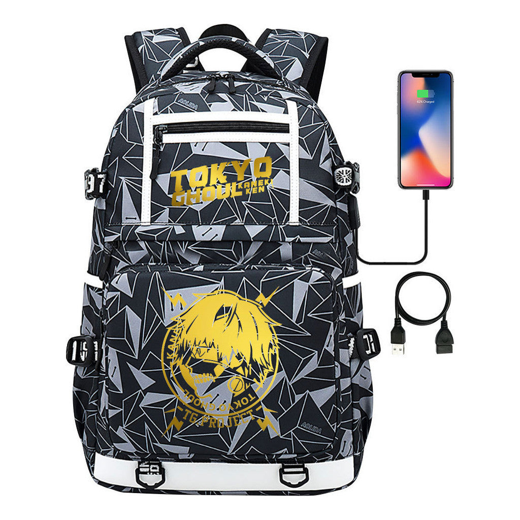Golden Anime Tokyo Ghoul Print Usb Youth Student Backpack For Men And Women Leisure Travel Backpack