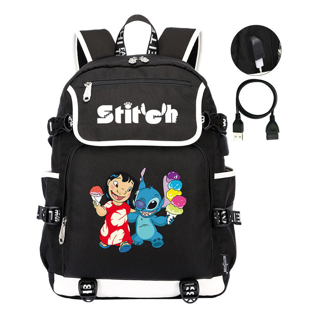 Anime Star Baby Stitch Printed Usb Student Backpack For Men And Women's Leisure Travel Backpack