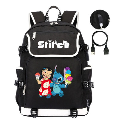 Anime Star Baby Stitch Printed Usb Student Backpack For Men And Women's Leisure Travel Backpack
