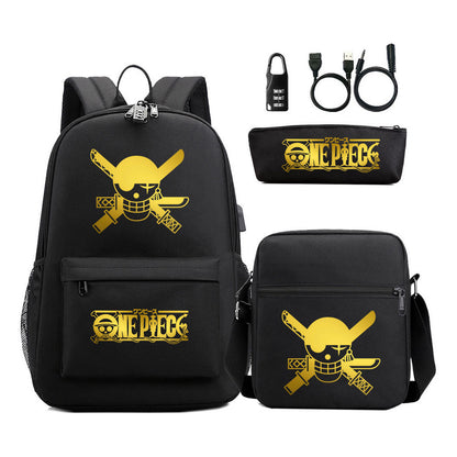 Golden Pirate King Usb Password Lock Youth Student Backpack Set Of Three Pieces, Men's And Women's Backpack Set