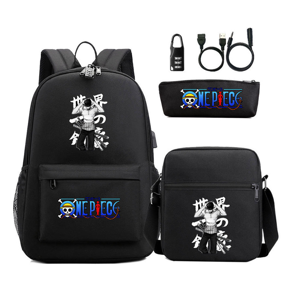 Cartoon Pirate King Usb Password Lock Youth Student Backpack Three Piece Set Backpack