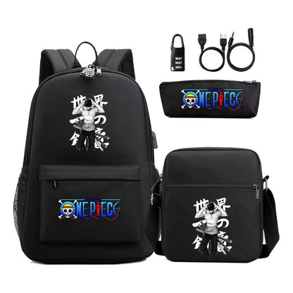 Cartoon Pirate King Usb Password Lock Youth Student Backpack Three Piece Set Backpack