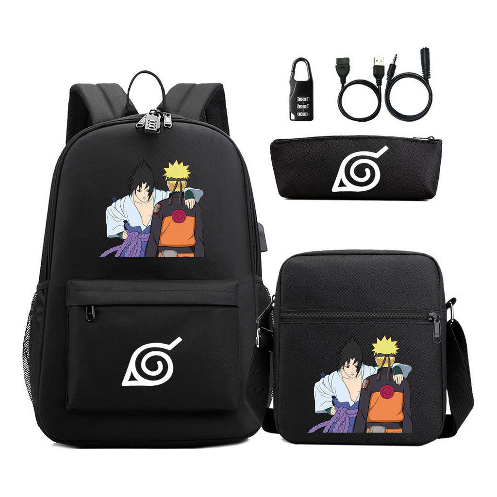 Naruto Usb Password Lock Backpack Three Piece Set For Men And Women Backpack Set