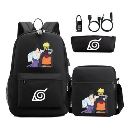 Naruto Usb Password Lock Backpack Three Piece Set For Men And Women Backpack Set