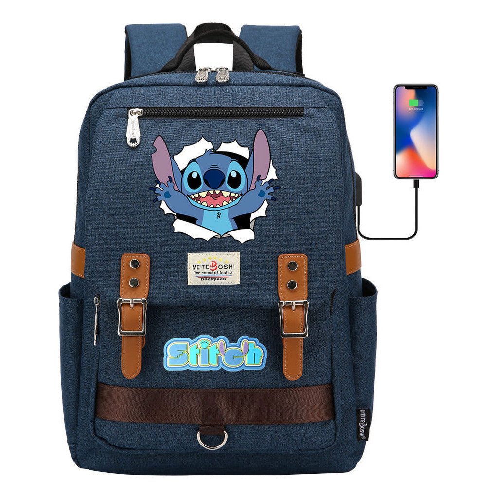 Anime Star Baby Stitch Printed Youth Student School Bag Casual Magnetic Buckle Backpack
