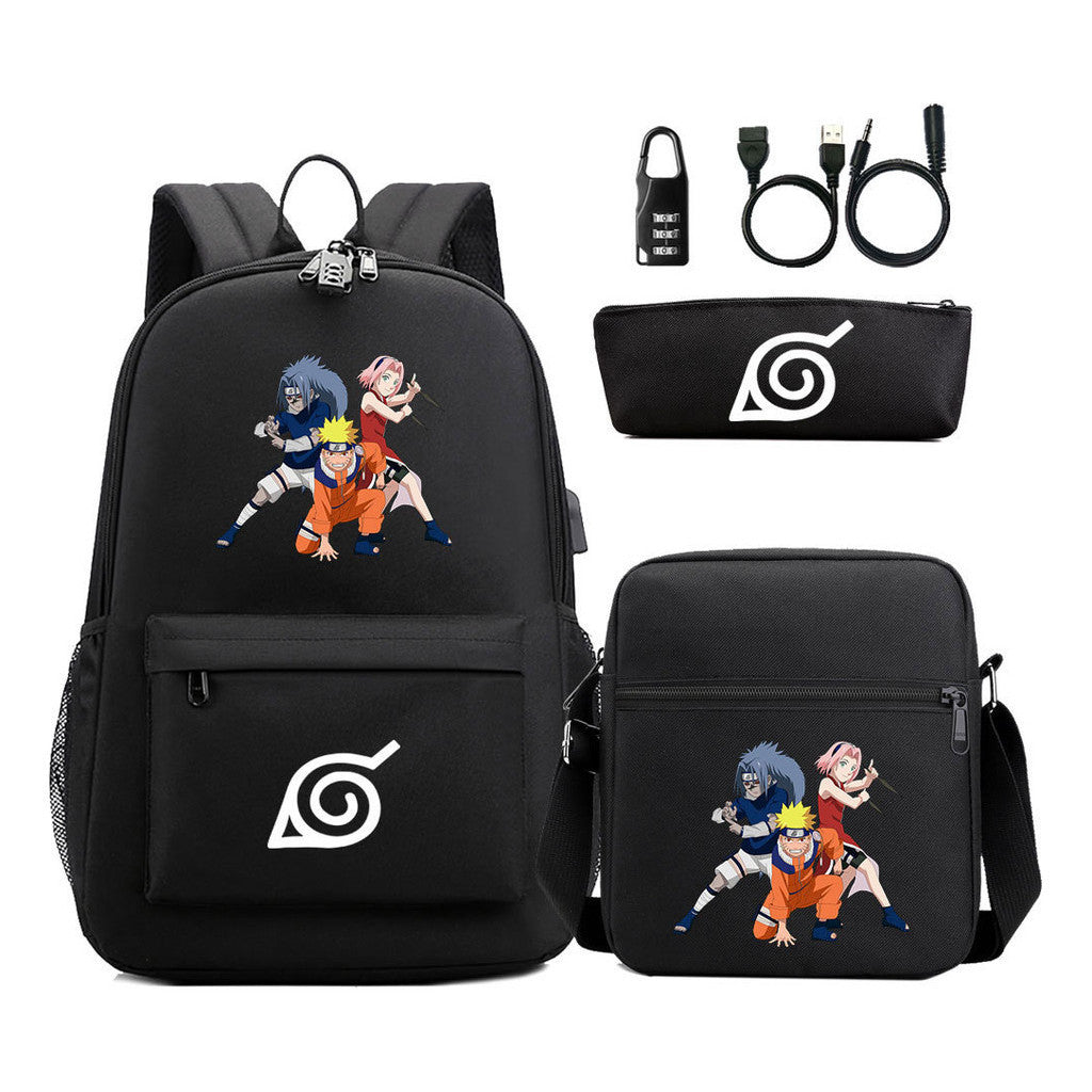 Naruto Usb Password Lock Youth Student Backpack Three Piece Set For Men And Women Backpack Set
