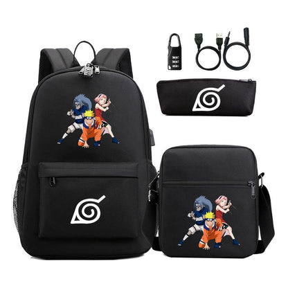 Naruto Usb Password Lock Youth Student Backpack Three Piece Set For Men And Women Backpack Set