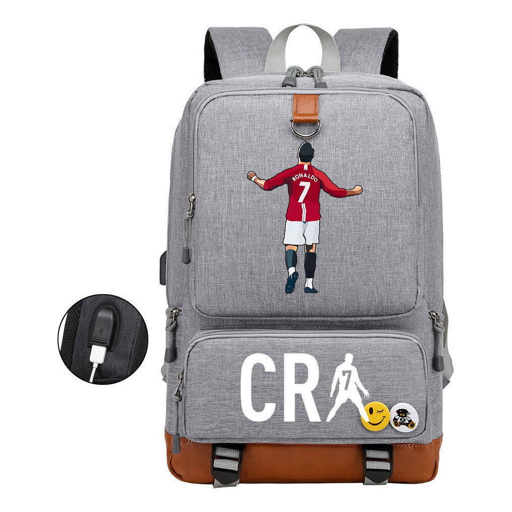 Football Star Cristiano Ronaldo Printed Usb Youth Primary And Secondary School Backpack For Boy And Girl's Leisure Travel Backpack