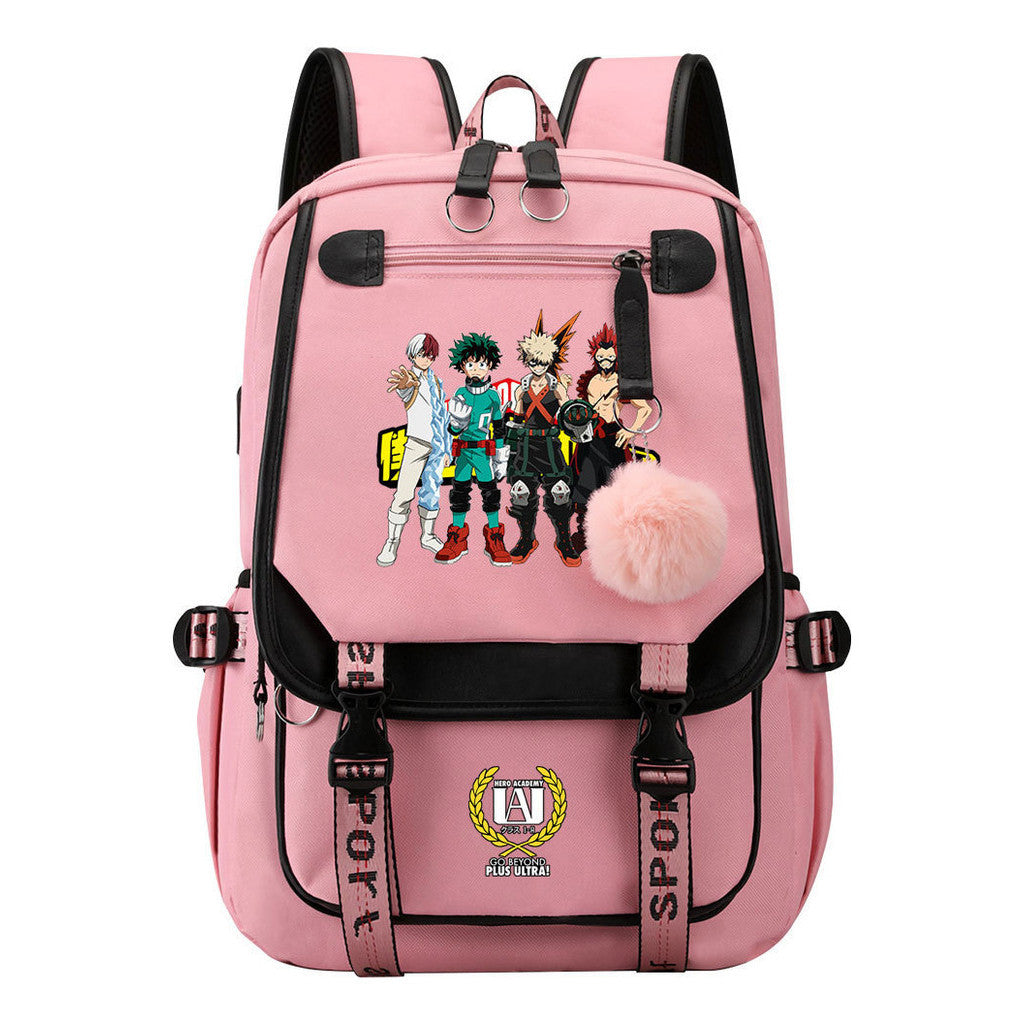 Comics My Heroes Academy Usb Student Backpack Casual Ribbon Flip Backpack