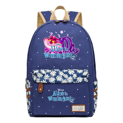 Anime Cartoon Cheshire Cat Print Youth Student Backpack With Floral Casual Backpack