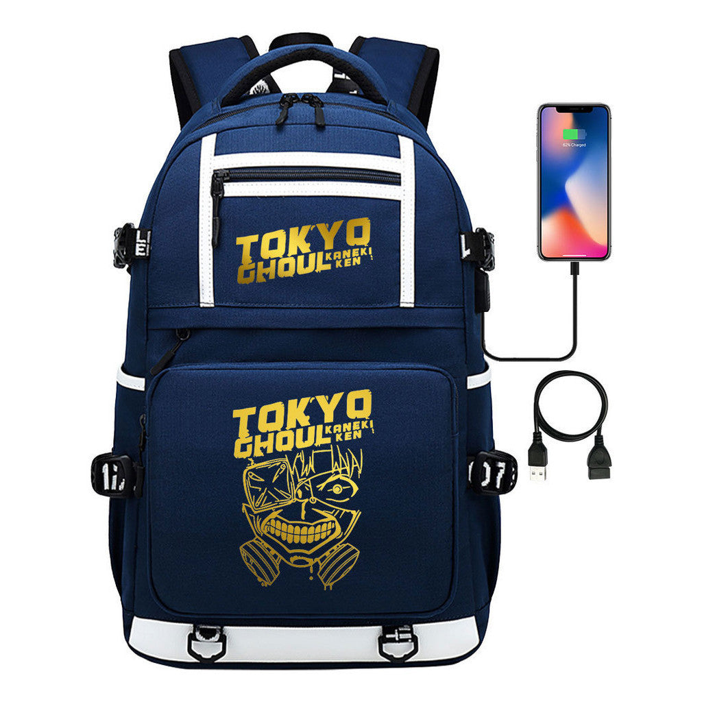 Golden Anime Tokyo Ghoul Print Usb Youth Student Backpack For Men And Women Leisure Travel Backpack