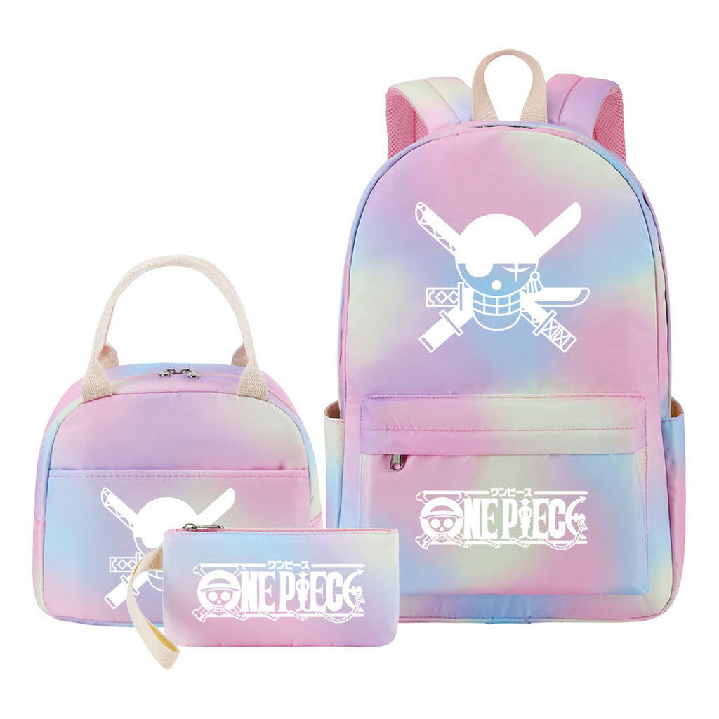 Cartoon Pirate King Youth Student Girls School Bag Lunch Bag Three Piece Set Backpack Set