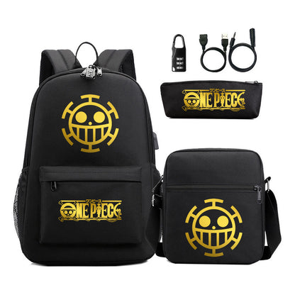 Golden Pirate King Usb Password Lock Youth Student Backpack Set Of Three Pieces, Men's And Women's Backpack Set