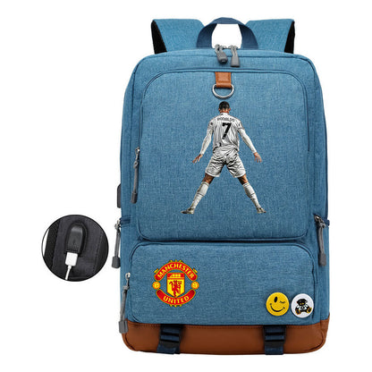 Football Star Cristiano Ronaldo Printed Usb Student Backpack For Leisure Travel Backpack