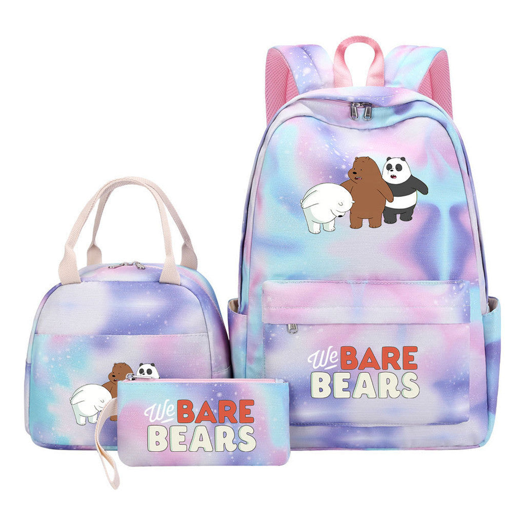 Cartoon Cute Three Bears Youth Student Girls School Bag Lunch Bag Three Piece Set Backpack Set