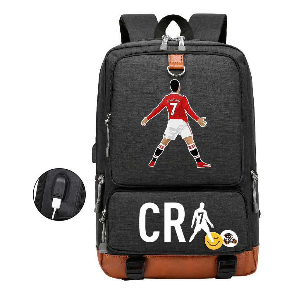 Football Star Cristiano Ronaldo Printed Usb Youth Primary And Secondary School Backpack For Boy And Girl's Leisure Travel Backpack