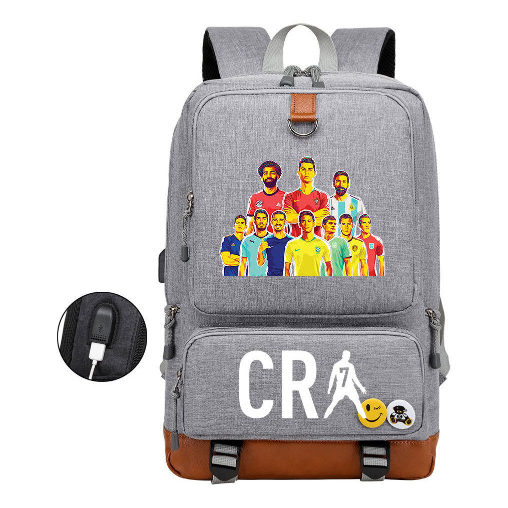 Football Star Cristiano Ronaldo Printed Usb Student Backpack For Leisure Travel Backpack