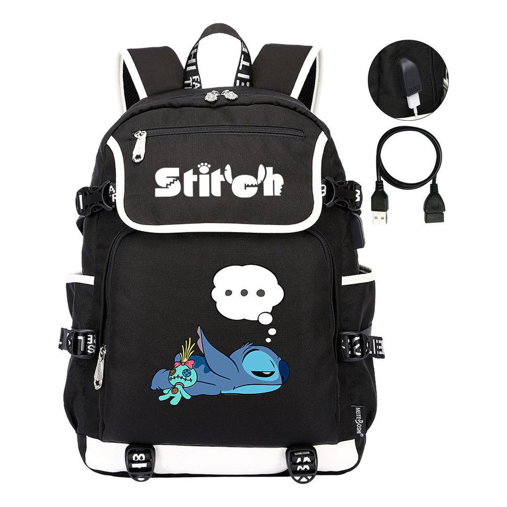Anime Star Baby Stitch Printed Usb Student Backpack For Men And Women's Leisure Travel Backpack