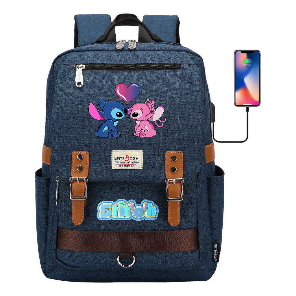 Anime Star Baby Stitch Printed Youth Student School Bag Casual Magnetic Buckle Backpack