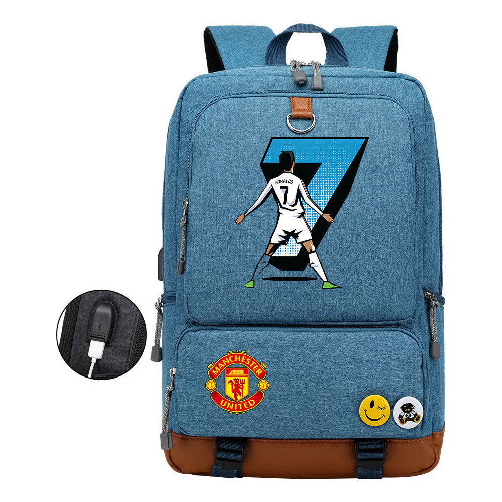 Football Star Cristiano Ronaldo Printed Usb Youth Student Backpack For Leisure Travel Backpack
