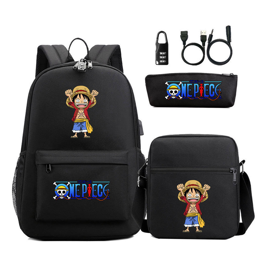 Cartoon Pirate King Usb Password Lock Youth Student Backpack Three Piece Set Backpack