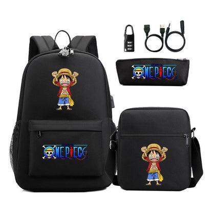 Cartoon Pirate King Usb Password Lock Youth Student Backpack Three Piece Set Backpack