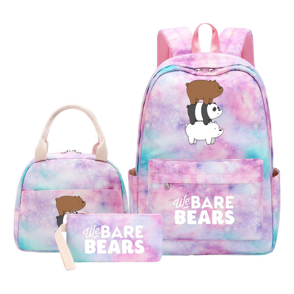 Cartoon Cute Three Bears Youth Student Girls School Bag Lunch Bag Three Piece Set Backpack Set
