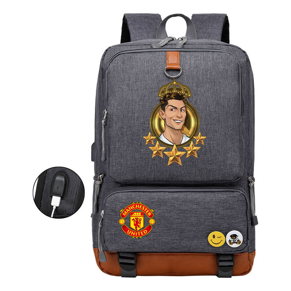 Football Star Cristiano Ronaldo Printed Usb Youth Backpack For Leisure Travel Backpack