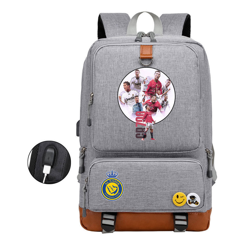 Football Star Cristiano Ronaldo Printed Usb Student Backpack Leisure Travel Backpack