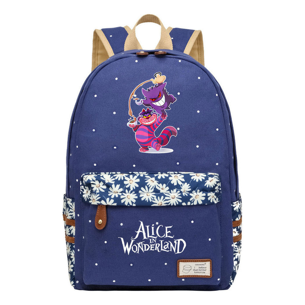Anime Cartoon Cheshire Cat Print Student Backpack, Floral Casual Backpack