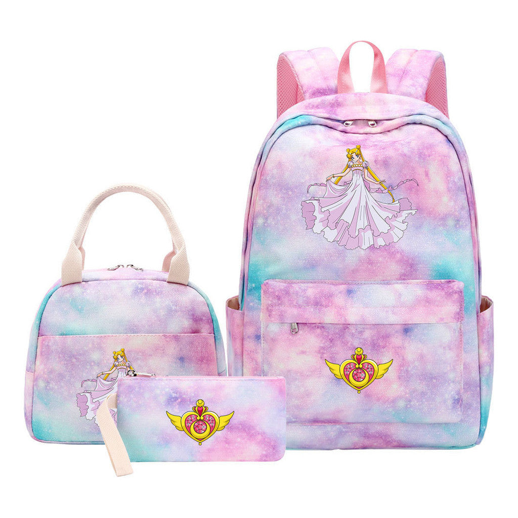 Anime Beauty Girl Warrior Student Girls School Bag Lunch Bag Three Piece Set Backpack Set