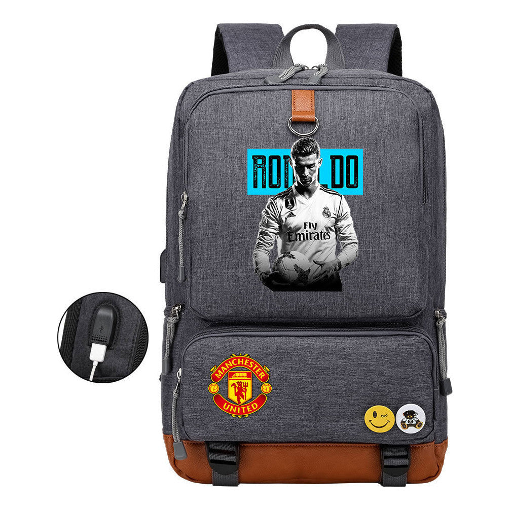 Football Star Cristiano Ronaldo Printed Usb Youth Student Backpack For Leisure Travel Backpack