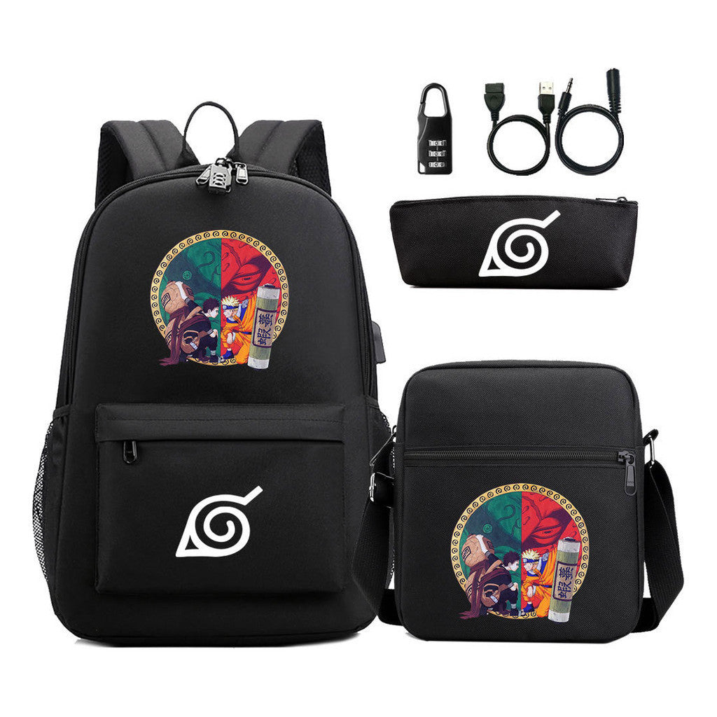 Naruto Usb Password Lock Youth Student Backpack Three Piece Set For Men And Women Backpack Set