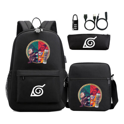 Naruto Usb Password Lock Youth Student Backpack Three Piece Set For Men And Women Backpack Set