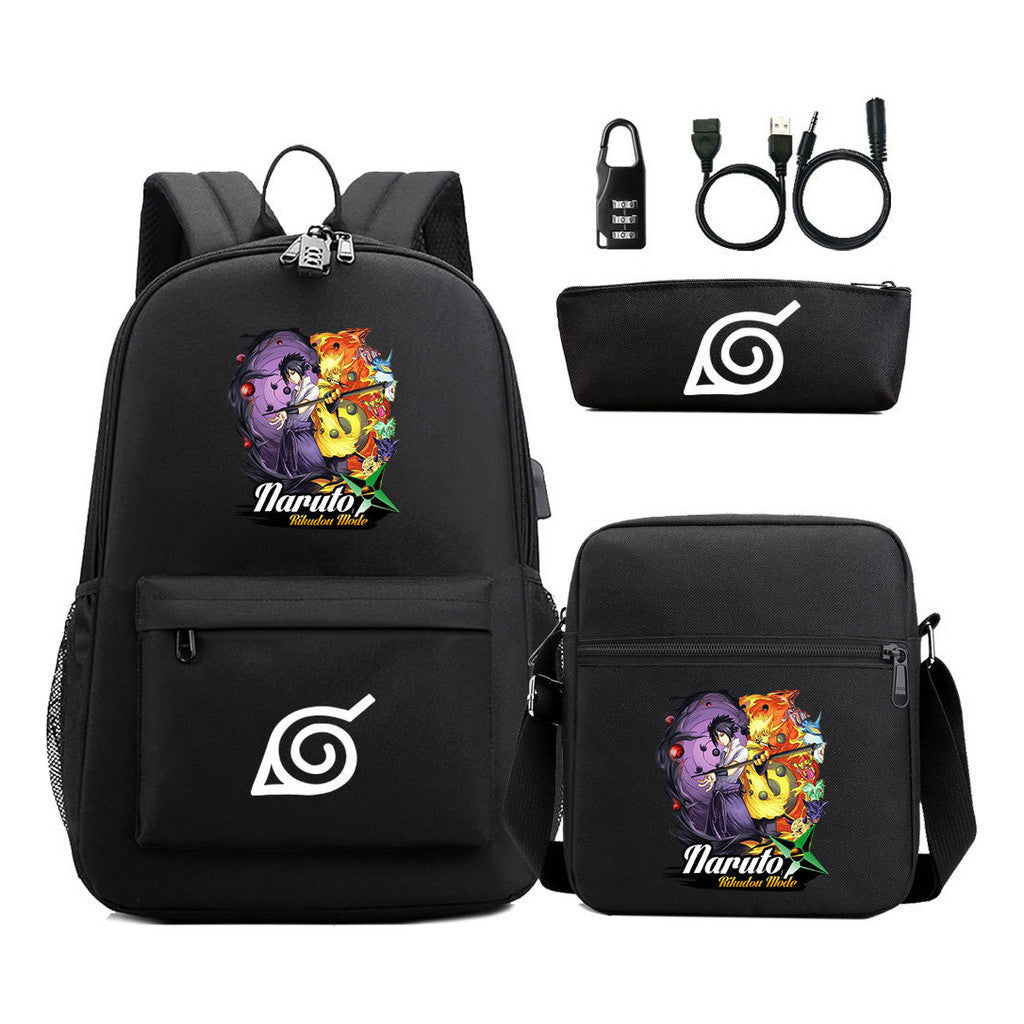 Fashionable Naruto Usb Password Lock Youth Student School Bag Three Piece Backpack Set