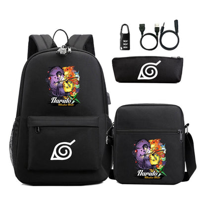 Fashionable Naruto Usb Password Lock Youth Student School Bag Three Piece Backpack Set