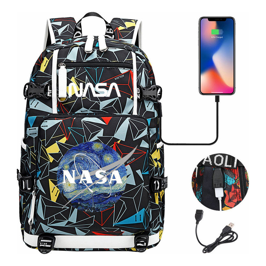 Nasa Fashion Printed Usb Student Backpack For Leisure Travel Backpack