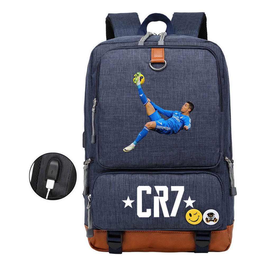 Football Star Cristiano Ronaldo Printed Usb Student Backpack For Leisure Travel Backpack