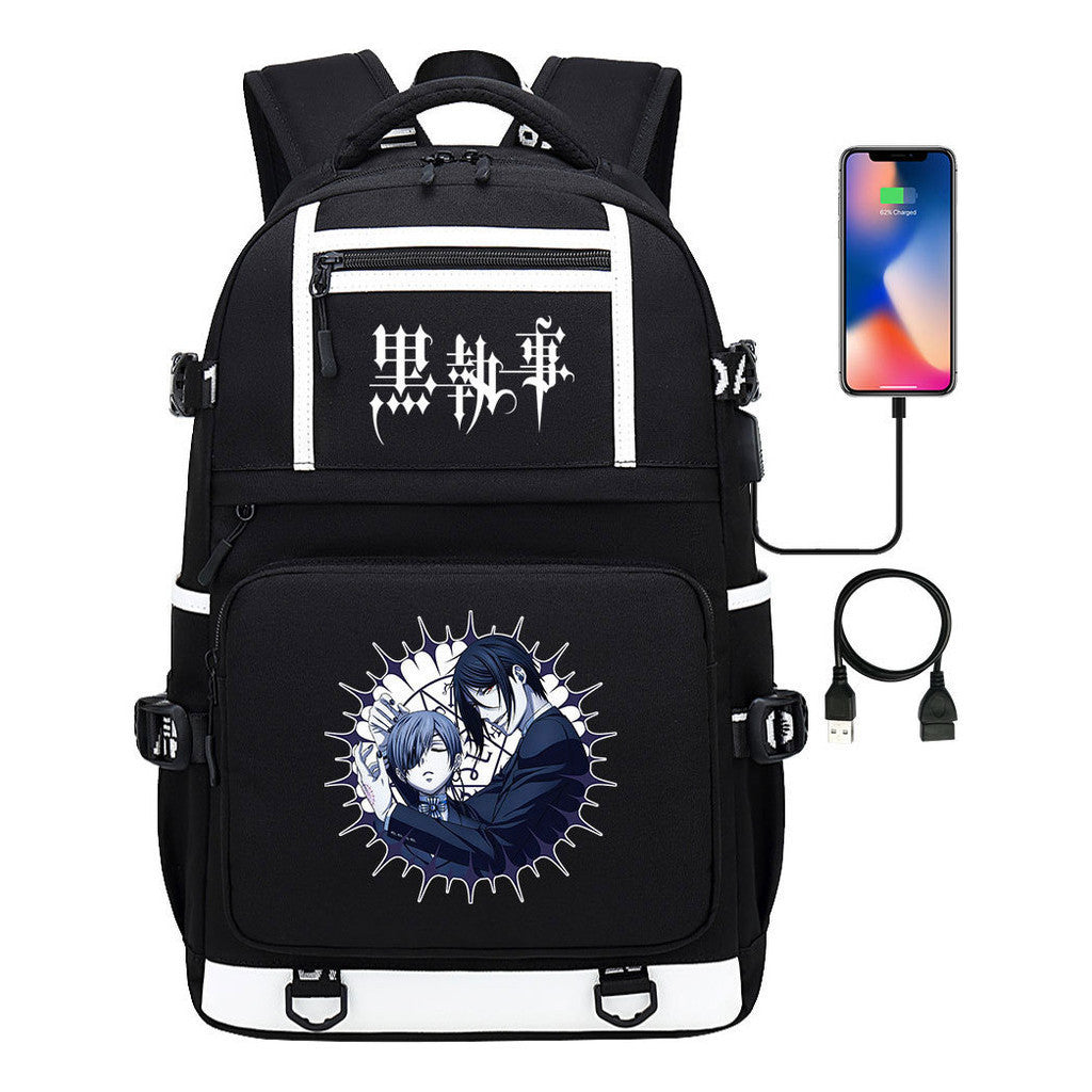 Manga Black Deacon Black Butler Printed Usb Youth Student Backpack Men's And Women's Leisure Travel Backpack