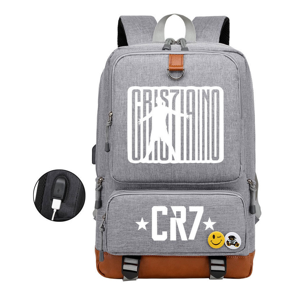 Football Star Cristiano Ronaldo Printed Usb Student Backpack For Boys And Girls Leisure Travel Backpack